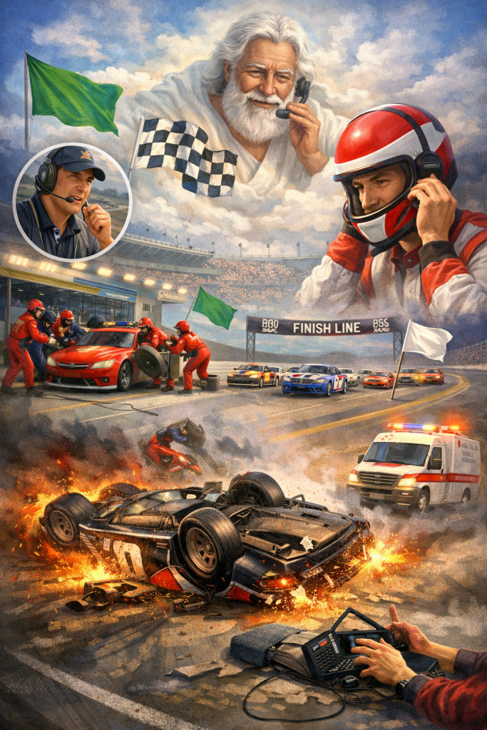 A dramatic motorsport scene featuring race cars, pit crew, and a crash with an overturned car. A celestial figure with a headset oversees the race, while a driver in a red helmet prepares to communicate with the crew. The pit area shows team members responding to an emergency, and an ambulance is visible in the background.